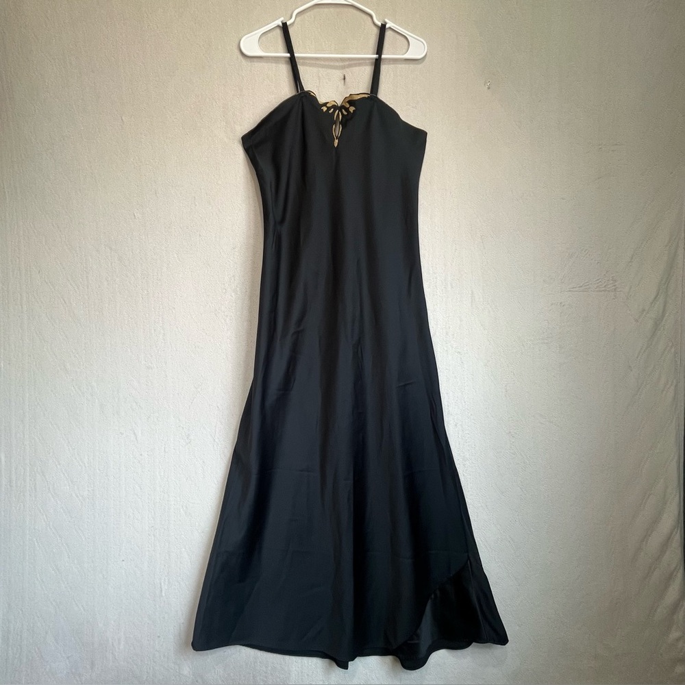 Eve Stillman Black Slip Dress Nightgown Gown Gold at Neck Sz Medium Goddess